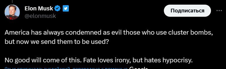 Маск розкритикував постачання Україні касетних боєприпасів dqxikeidqxiqqeant