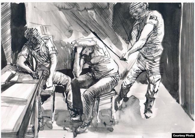 Допит у місці несвободи на території частини Донбасу, окупованої російськими силами. Ілюстрація колишнього цивільного бранця, художника Сергія Захарова