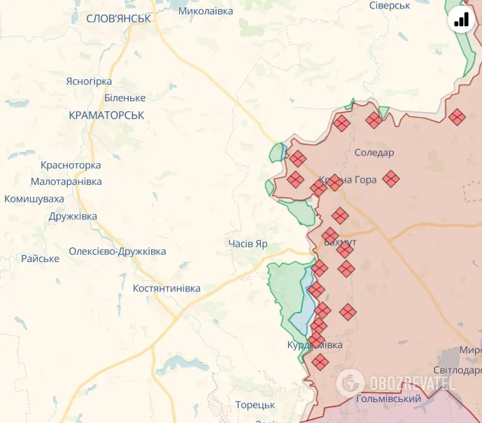 Лінія фронту у районі Бахмута на карті