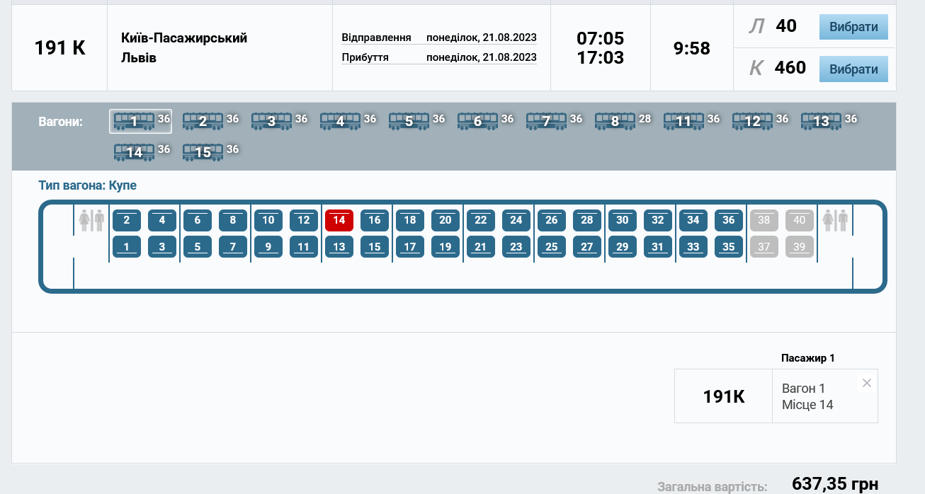 Ціни на квитки у купе поїзда №191/192 Київ – Львів на 21 серпня dqxikeidqxiqqeant