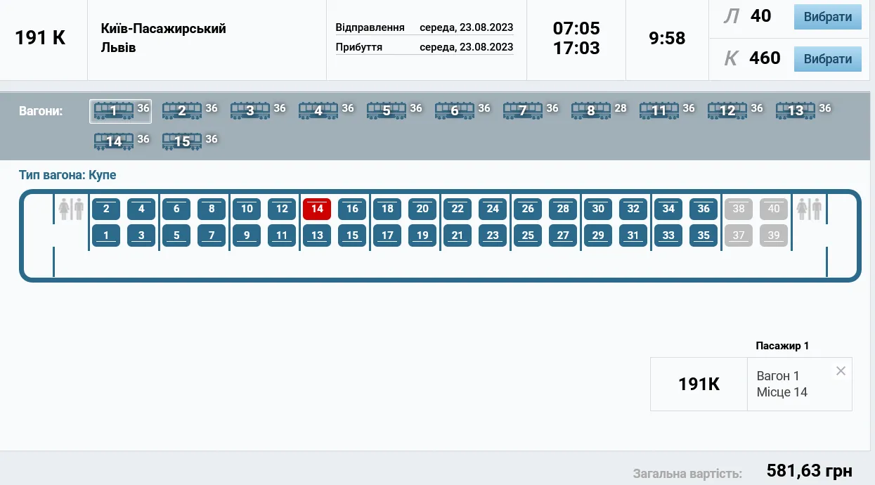 Ціни на квитки в купе поїзда №191/192 Київ – Львів на 23 серпня
