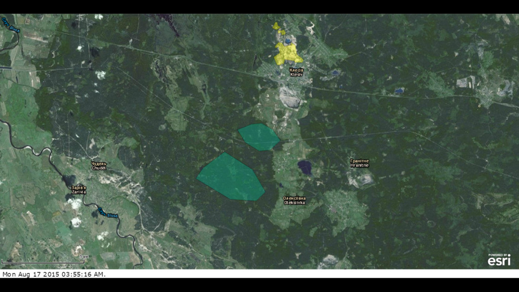 Зеленим кольором – ділянка Олексіївка, де «Укрбурштин» має спецдозвіл. У своїй розповіді джерело описує бурштиновидобуток на верхньому покладі, що позначений зеленим. Жовтим – територія ДП «Бурштин України». Карта: «Геоінформ України»