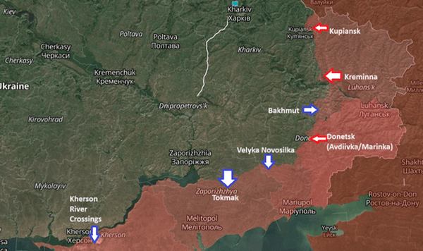 Синий – украинские наступления, красный – русский