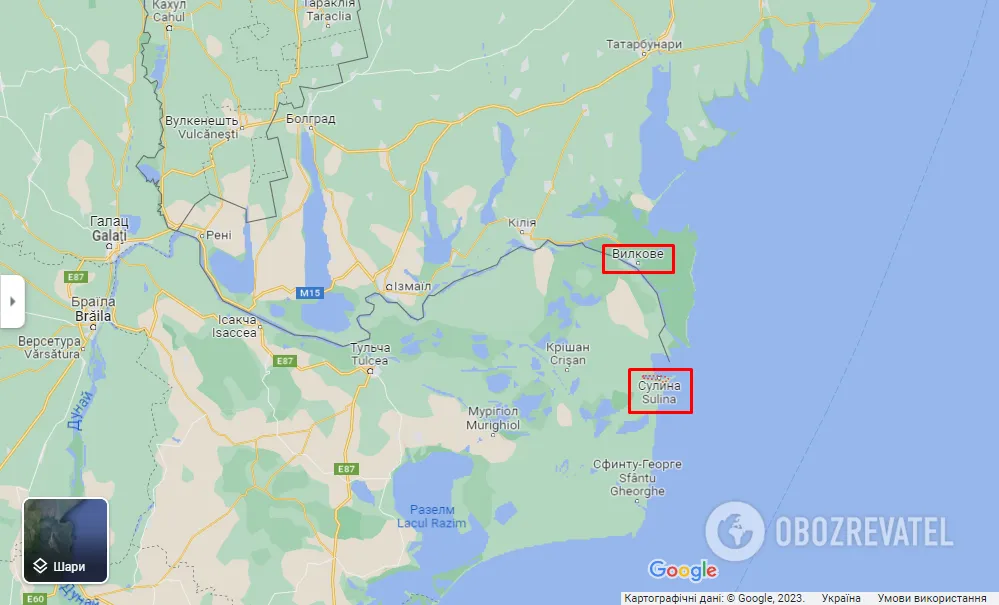 Суліна (Румунія) та Вилкове (Україна) на карті dqxikeidqxitkant