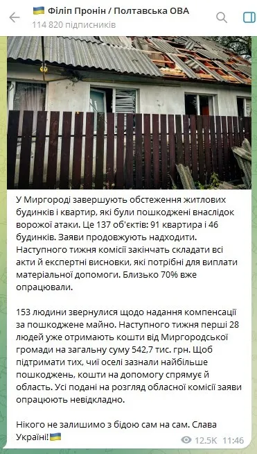Повреждено 137 объектов: стало известно о последствиях вражеских атак на Миргород