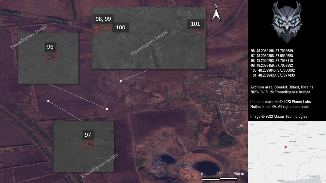 Втрати ЗС РФ під Авдіївкою, білим квадратом позначено техніку, яка вже була знищена раніше