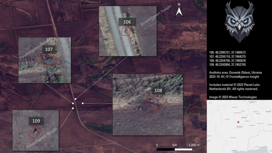 Втрати ЗС РФ під Авдіївкою, білим квадратом позначено техніку, яка вже була знищена раніше