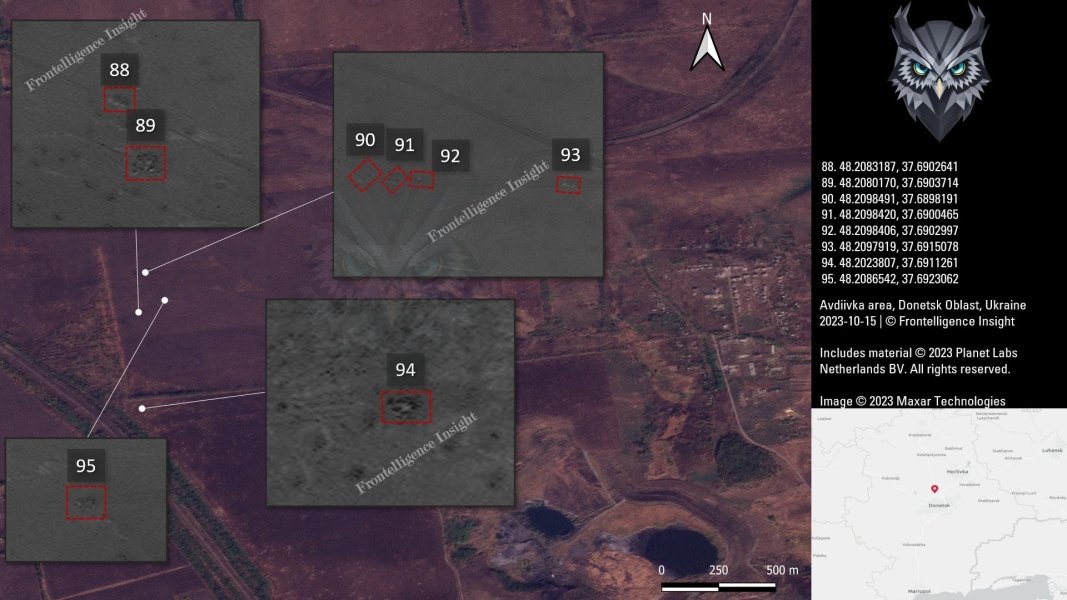 Втрати ЗС РФ під Авдіївкою, білим квадратом позначено техніку, яка вже була знищена раніше