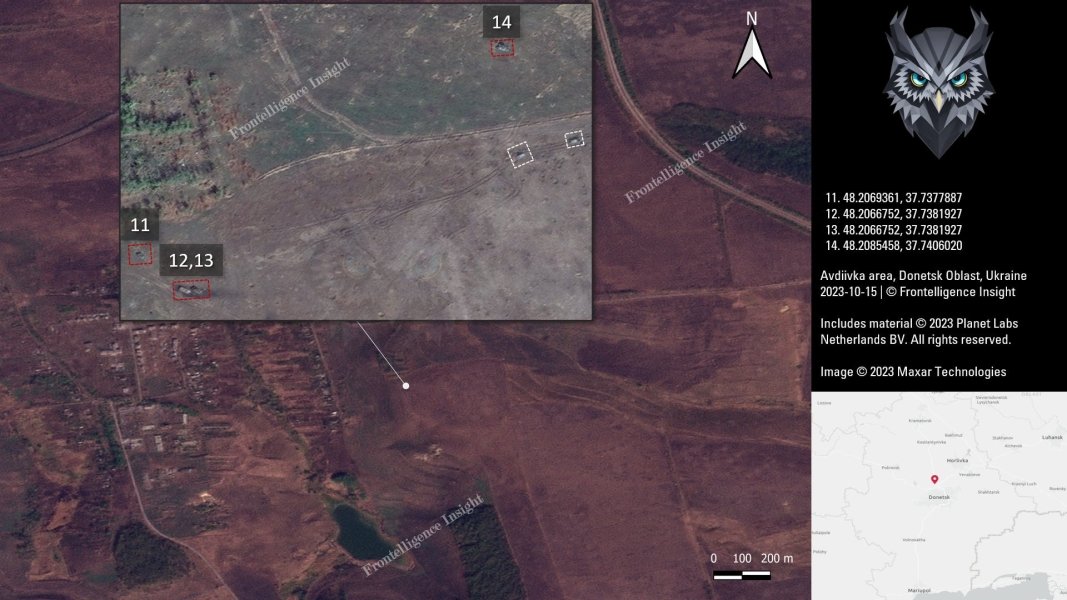 Втрати ЗС РФ під Авдіївкою, білим квадратом позначено техніку, яка вже була знищена раніше