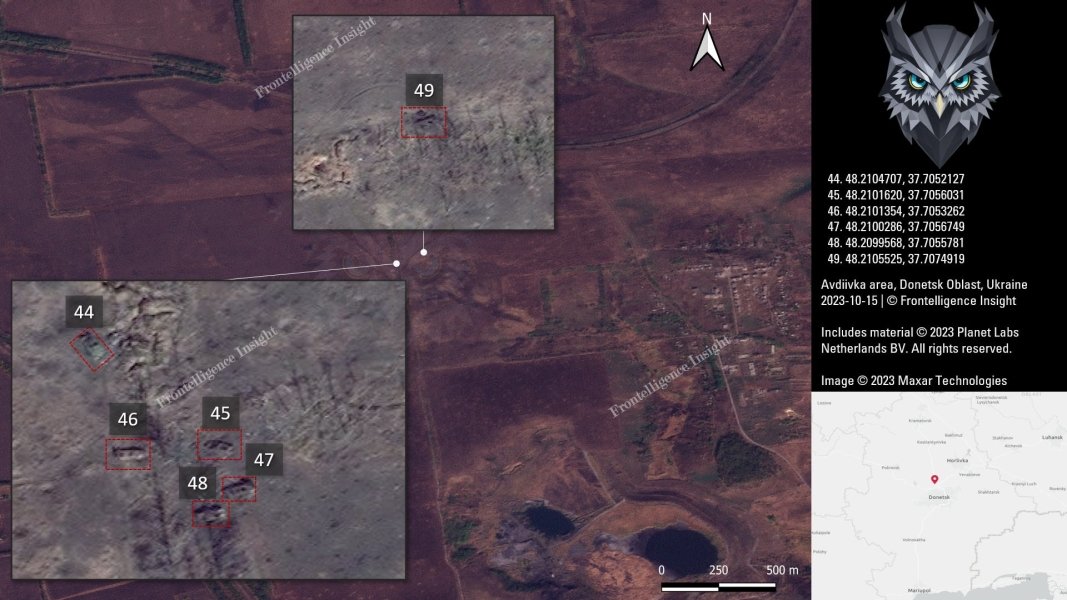 Втрати ЗС РФ під Авдіївкою, білим квадратом позначено техніку, яка вже була знищена раніше