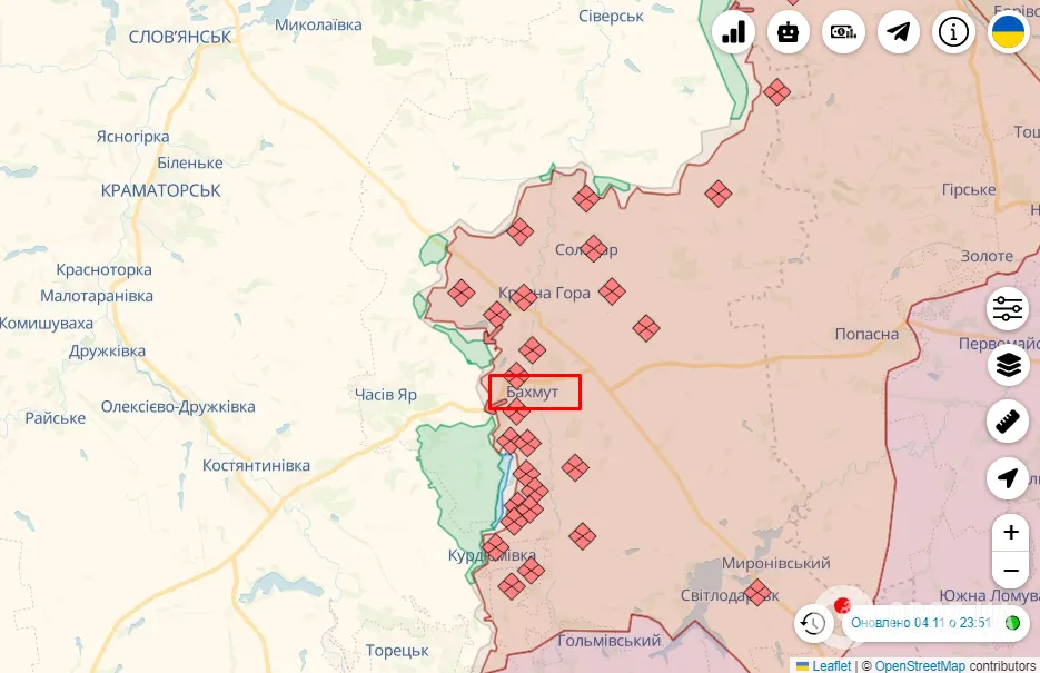 Бахмут на карті бойових дій