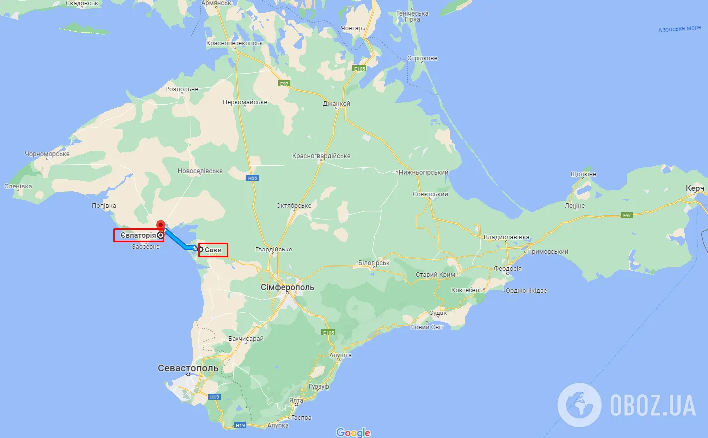 Саки та Євпаторія на карті