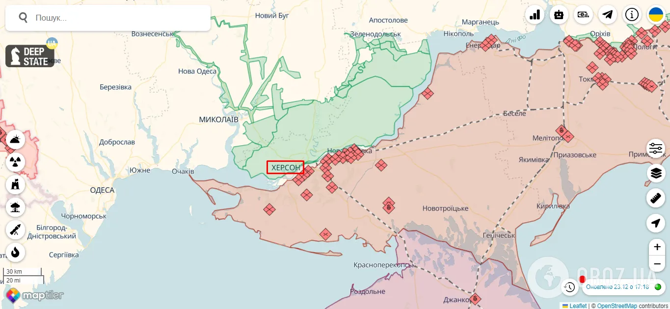 Херсон на карті бойових дій