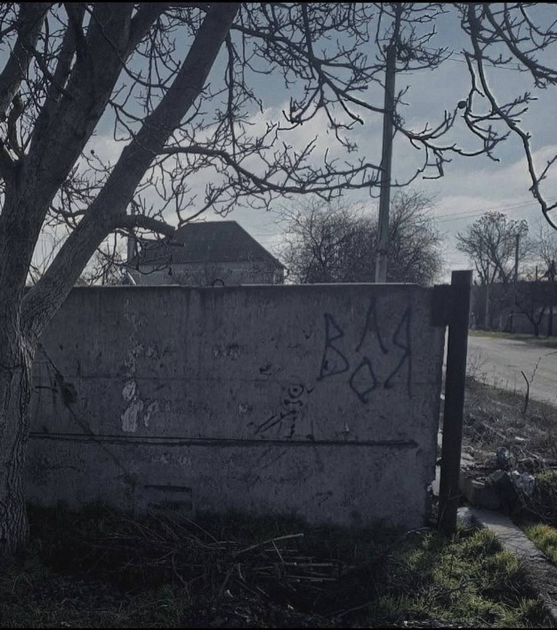 В окупованих Олешках біля будинку, де поселилися загарбники, з’явилися графіті з синьо-жовтим прапором. Фото