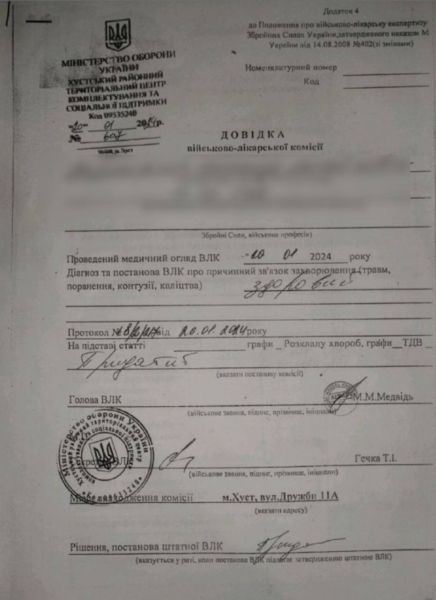 Заключение ВЛК, Хуст, ТЦК