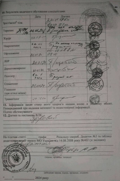 Заключение ВЛК, Хуст, ТЦК