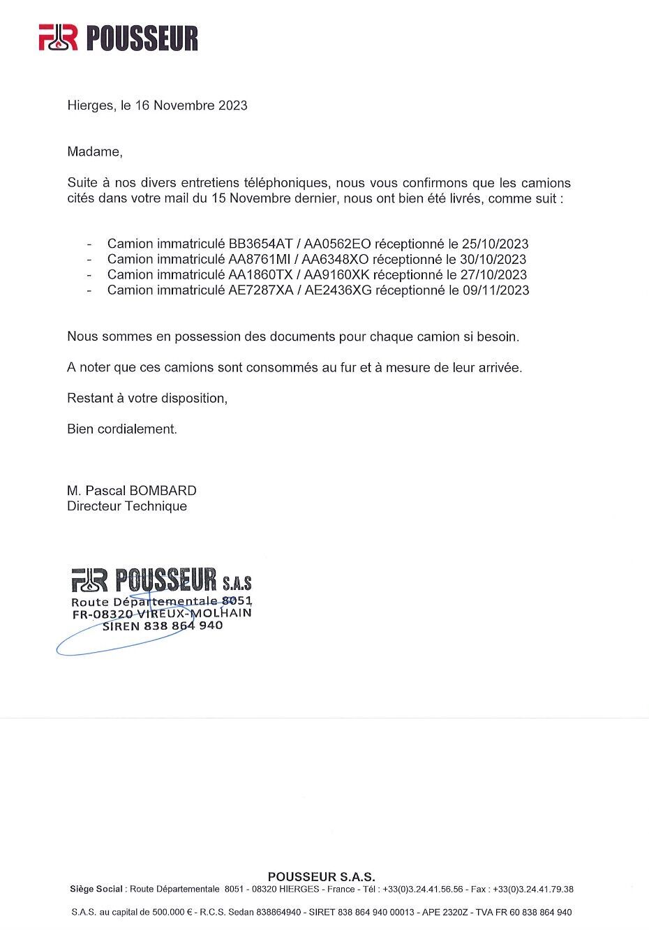 Лист на ім’я Pousseur SAS