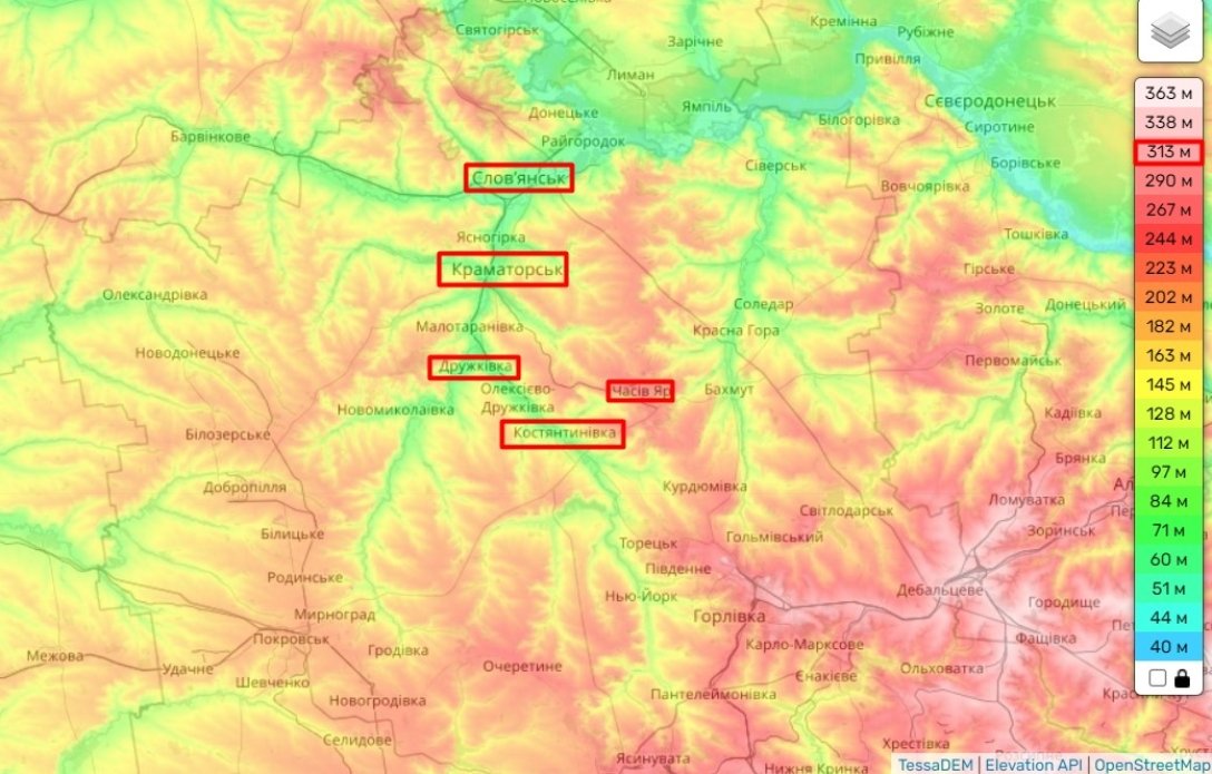 Бої на Донбасі, Часів Яр, карта реєльєфу dqxikeidqxitkant