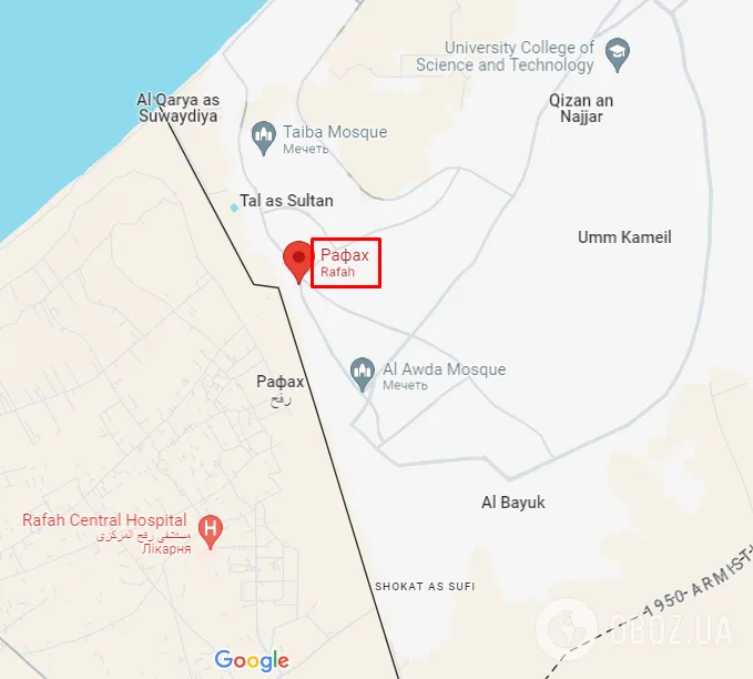 Город Рафах на карте