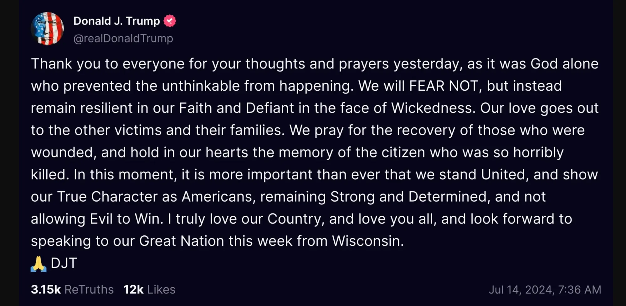 Трамп після замаху: ми не будемо боятися і залишатимемося непохитними перед обличчям зла dqxikeidqxitkant