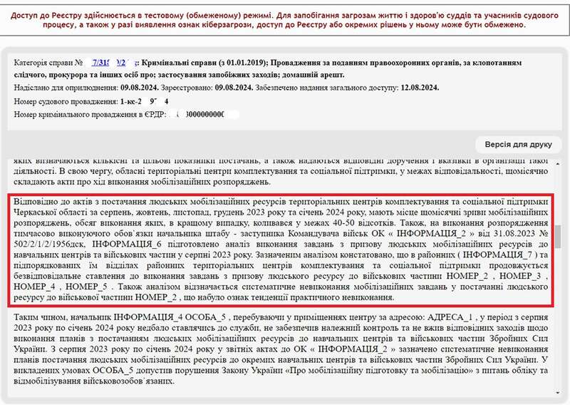 Некомплект военных в Черкасской области негативно отразился на формировании отдельных частей ВСУ, дискредитировал мобилизационный процесс», сказано в материалах дела dqxikeidqxiqqeant