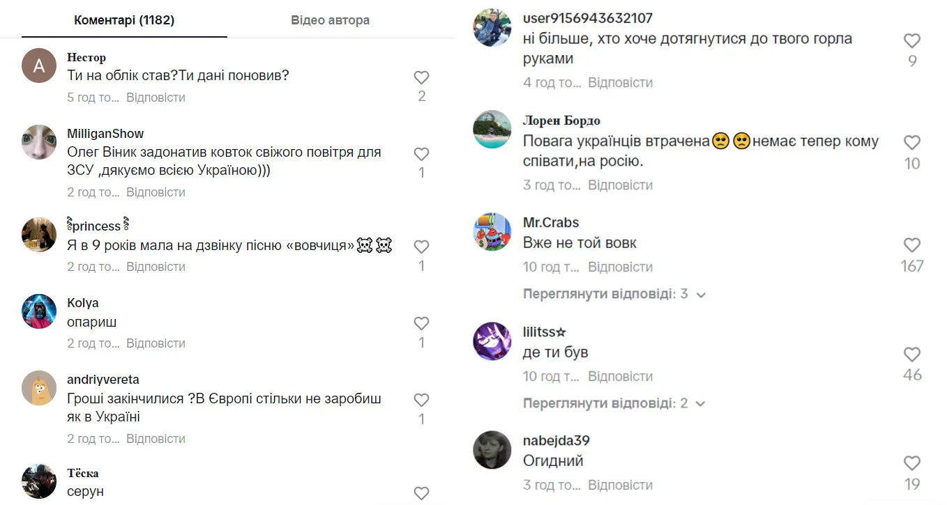 Коментарі під новим відео Олега Винника у TikTok dqxikeidqxitkant