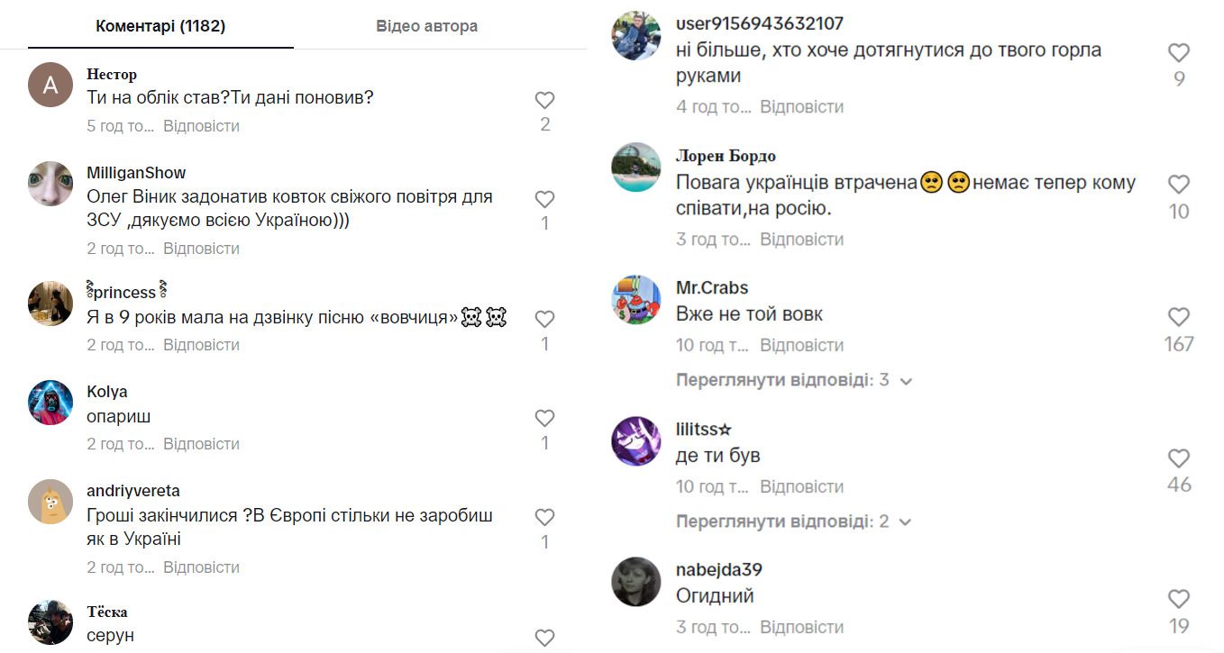 Коментарі під новим відео Олега Винника у TikTok dqxikeidqxitkant