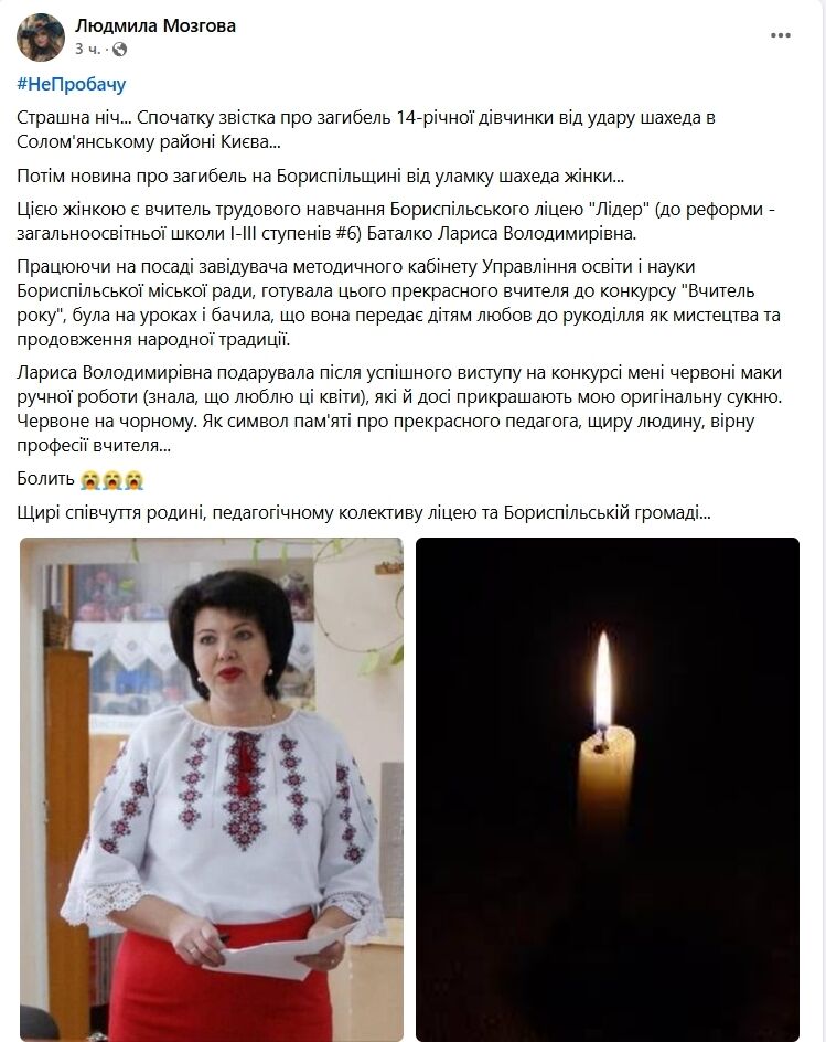 Була прекрасним педагогом: внаслідок російської атаки на Київщині загинула Лариса Баталко. Фото