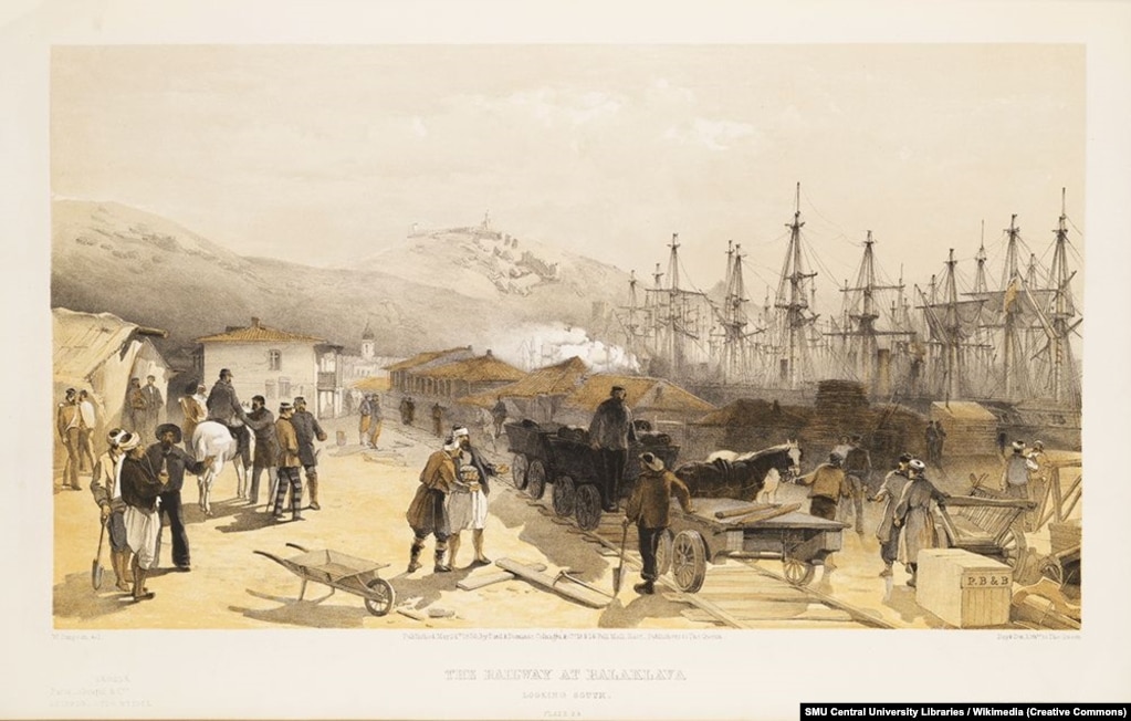 Ділянка Великої Кримської Центральної залізниці, збудованої британцями в 1855 році, яка стала першою на території України. Автор картини Вільям Сімпсон (1823–1899) dqxikeidqxitkant