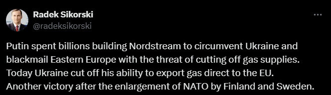 Сікорський вітає припинення транзиту російського газу до Європи dqxikeidqxiqqeant