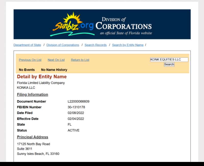 Screenshot from the Florida State Registry of Legal Entities, USA dqxikeidqxitkant