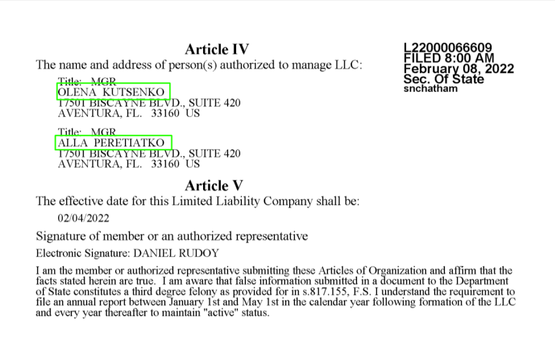 Excerpt from the Florida State Registry of Legal Entities, USA