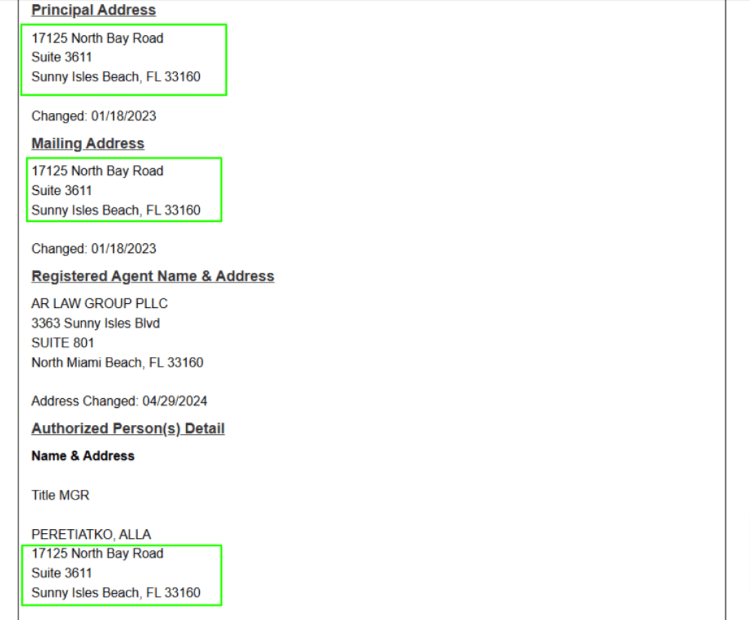 Screenshot from the Florida State Registry of Legal Entities, USA