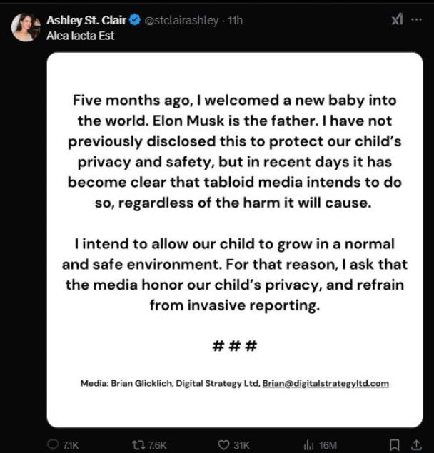 Ешлі Сент Клер заявила про народження дитини від Ілона Маска / © dqxikeidqxiqqeant