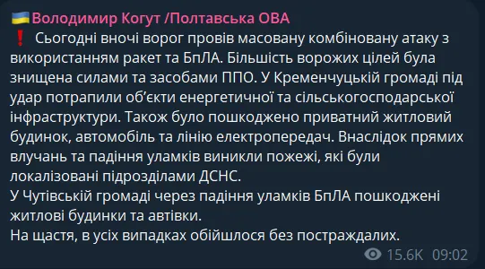 Били ракетами і дронами: наслідки масованої атаки військ РФ на Полтавщину. Фото