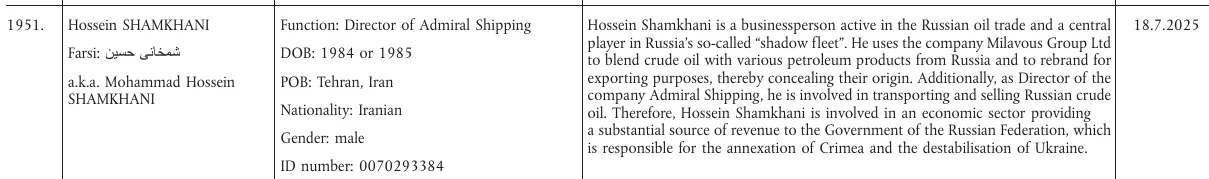 Запись о Шамхани в санкционном списке ЕС