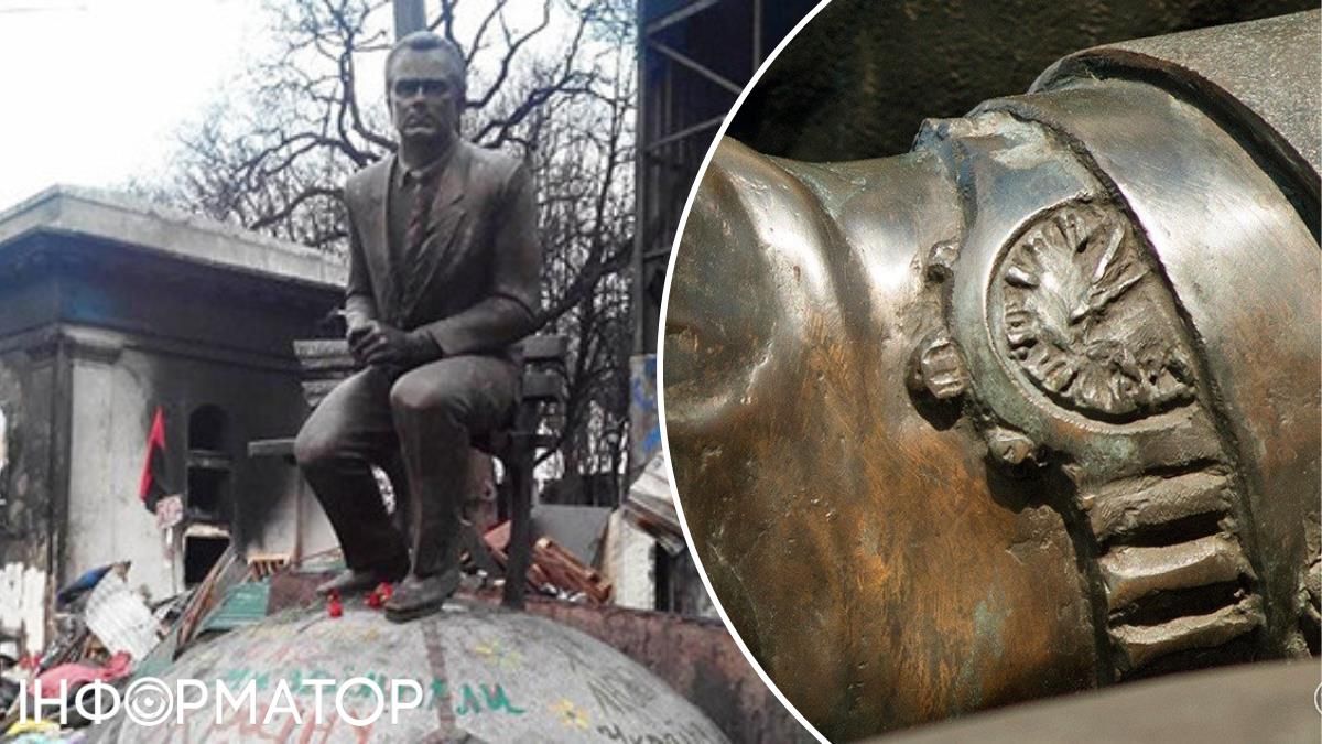 Пам’ятник щойно відчистили від гару зі спалених шин, а годинник на руці так і показує dqxikeidqxitkant