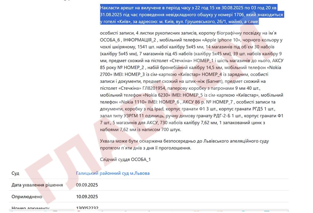 A Lviv court imposed a seizure on items and weapons from parliamentary hotel room 1706