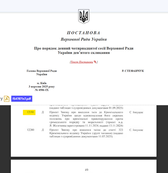 Закоппроєкт 12191 про декриміналізацію порнографії був повторно включений до порядку денного / Джерело: скріншот сайту Верховної Ради України