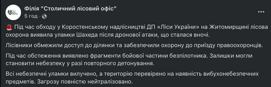 У лісі на Житомирщині після нічної атаки знайшли уламки